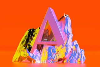 A digital illustration of a lavender uppercase letter A emerging from a mountain of blue, pink, yellow, and black against an orange background. White silhouettes of people are at the base and summit of the mountain, and the crossbar of the letter A.