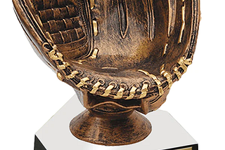 picture of bronze trophy shaped like a baseball glove