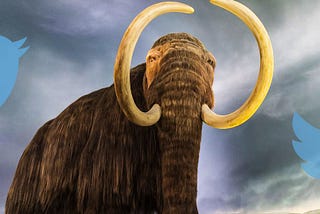 A Mastodon in a prehistoric setting, with twitter logos flying in the background