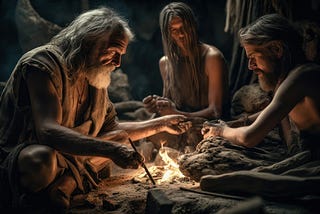 Three cavemen sitting around a fire with the elder telling a story