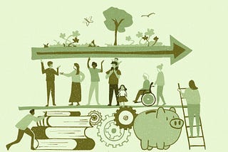 A group of people standing on a platform that is supported by books, cogs and a piggy bank. One person is climbing up the platform on a ladder, coming to support the group in carrying a big green arrow. The illustration illustrates how know-how and investment can support community-led stewardship for future generations to come.