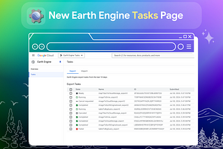 Screenshot of tasks page in google cloud console with a gradient backgground and nature scene in white graphics