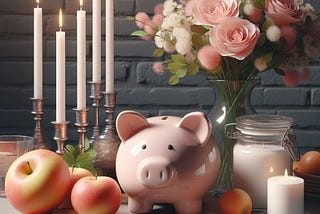 Candles, fruit, a piggy bank, coins, and flowers