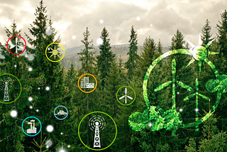 Naturescape image with illustrations of symbols representing manufacturing and energy sources overlaid.