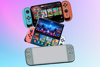 Two, colorful fanmade Switch designs piled upon the gray, CAD image of the allegedly leaked Switch 2 which greatly resembles the original Switch.