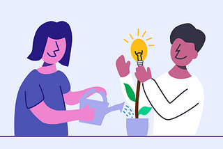 Illustration of two individuals watering a plant with a lightbulb.