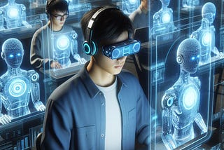 Futuristic students interacting with AI agents in mixed reality to complete assignments.