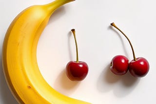 A big yellow banana and a bunch of small red cherries on a table.