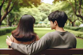 Summer and Tom are sitting on a park bench embracing their new found relationship.