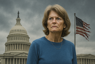 Alaska Senator Lisa Murkowski, with an embattled but determined expression, and the Capitol building, a tattered American flag, and storm clouds in the background.