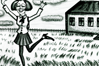 A female school inspector dancing through a field all carefree, pencil drawing