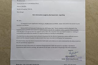 Complaint Against District CDRC Barasat, North 24 Parganas in response to the RTI…