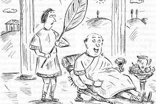 Cartoon of a Roman slave fanning a master who is saying ‘the word slave is so degrading, why don’t we call you intern’