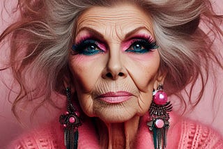 Elderly woman dressed in pink with wild hair and too much eye makeup.