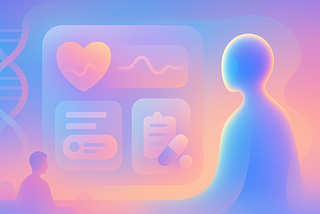Abstract digital illustration featuring a human silhouettes and a stylized AI Agent facing a futuristic medical interface. The interface displays icons including a heart with a pulse line, a clipboard, a pill, and data elements, all rendered in soft pastel gradients of blue, pink, and orange. A DNA strand is subtly visible in the background, suggesting themes of health, genetics, and digital healthcare.