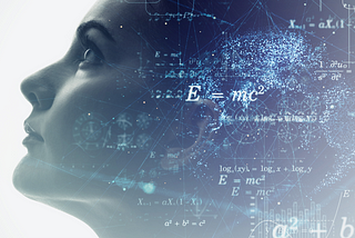 A woman’s profile, facing left, which blends into a layered image of physics equations, graphs, diagrams and constellations