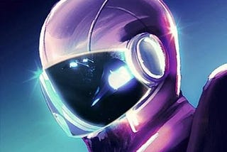 A drawing in retro style that shows a person with a space helmet on. With the use of the colors purple and blue.