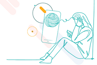 An image showing a girl sat with her phone and her brain is connected to a ball of yarn in a biger mobile phone