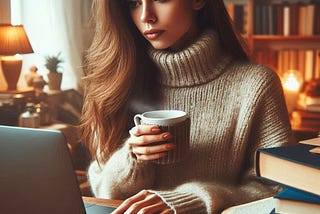 A young woman with a cup of coffee editing her memoir on her computer.