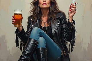 Older hippy woman with a beer in one hand and a cigarette in the other, wearing black leather and wild jewelry