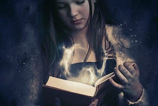 Image of adolescent girl opening a book and releasing a swirl of magic