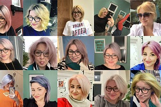 21 images of a woman with different tones of coloured hair from pink to purple to blue to yellow