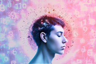 A side profile of a woman with glowing wires weaved into her hair. She is surrounded by digital markers on a pink gradient background.