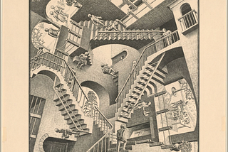 Boston Public Library M. C. Escher (1898–1972). Prints and Drawings / John D. Merriam Collection | Relativity | A few flights of stairs are shown in the photo and human figures walk defying gravity