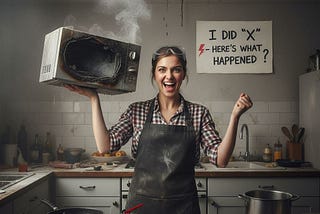 Image of a proud young woman holding a microwave that blew up and put a hole in the ceiling. I created the image in DeeVid AI.