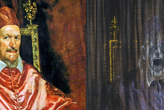 Two portraits or Pone Innocent X juxtaposed, the left one a tradiotional 1650 portrait by Velasquez, the second a 1953 portraint inspired by the first by modernist painter Francis Bacon looking like a deathly horror picture.