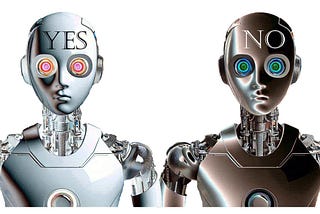 Two identical robots, except for their complementary colors. One says YES, the other NO