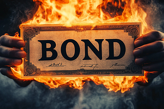 Photo of a bond certificate with big word “BOND” on fire holding by close-up of hands, dramatic smoke background, AI image created on Midjourney AI by henrique centieiro and bee lee