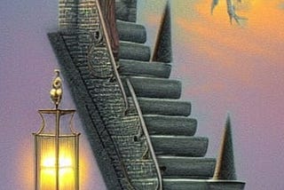 Illustration of stairs leading to nowhere with a street light to the right of the stairs and a mythical headless white horse creature flying in the Air. The background has pastel purples, yellows, oranges, and blues