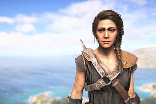 A stoic Kassandra at the start of her comically long adventure in Assassin’s Creed Odyssey.