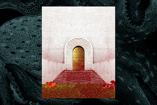 A golden door and steps on a swirling background