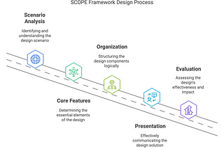 A flowchart illustrating the SCOPE framework for design prompts, with each stage represented by a hexagon icon and a label: Scenario Analysis (Identifying and understanding the design scenario), Core Features (Determining the essential elements of the design), Organization (Structuring the design components logically), Presentation (Effectively communicating the design solution), and Evaluation (Assessing the design’s effectiveness and impact). The hexagons are connected by a dashed line, symbol