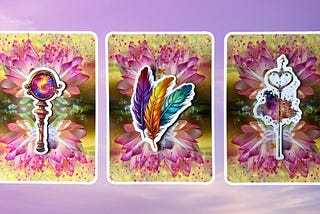 Three tarot oracle pick a card piles: pile 1 — glass portal, pile 2 — colored feathers, and pile 3 — magic key