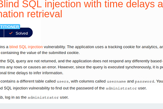 Blind SQL injection with time delays and information retrieval(portswigger)