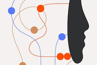 An illustration by David Vanadia representing a human head with colored balls moving on different circuits behind a mask.