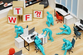 A frustrated team in the big open space office next to WTF wood cubes