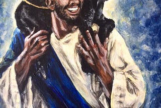 Painting of a black Jesus, dressed in traditional white and blue clothing. Jesus is smiling and holding a lamb over his shoulders.