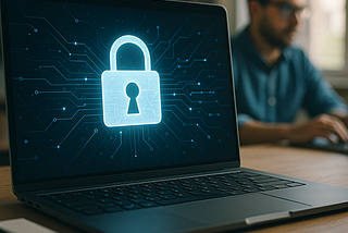 A picture of a laptop in a desk, with a lock on the screen. A man working in a laptop in the blurred background.