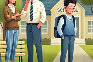 Two adults talking about an embarrassed child outside the school gate to illustrate the possible need to think before disclosing your child’s worries.