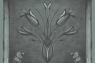 An art nouveau-inspired sketch of flowers and ravens