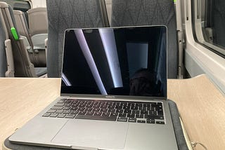 My laptop, set up on the train during the morning commute to write