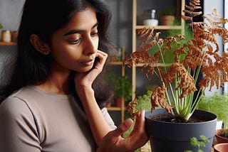 Maya running her hands though her fading Bronze Fennel plant