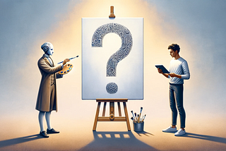 A humanoid robot artist on the left and a human with a tablet on the right face a canvas with a question mark, symbolizing the debate on AI art copyright. AI image created in Dalle 3.