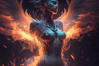 AI Art of a beautiful woman with Phoenix Wings in place of her arms