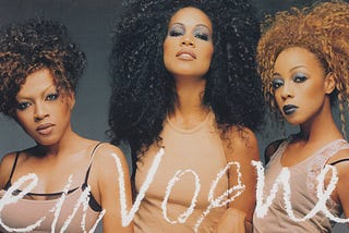 Maxine Jones, Cindy Herron-Bragg, and Terry Ellis sport their outlandish, voluminous, black-and-brown hairstyles from the “Whatever” music video while wearing flesh-toned undergarments. Where the music video stylizes them under sickly green light, this image depicts them as fashionistas in more flattering warm incandescent tones. The image was used as the cover of their follow-up single “Too Gone, Too Long.”