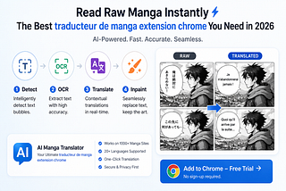 A split-screen comparison showing the AI Manga Translator Chrome extension translating a raw Japanese manga page into fluent French in real-time, preserving the original background art through advanced inpainting.